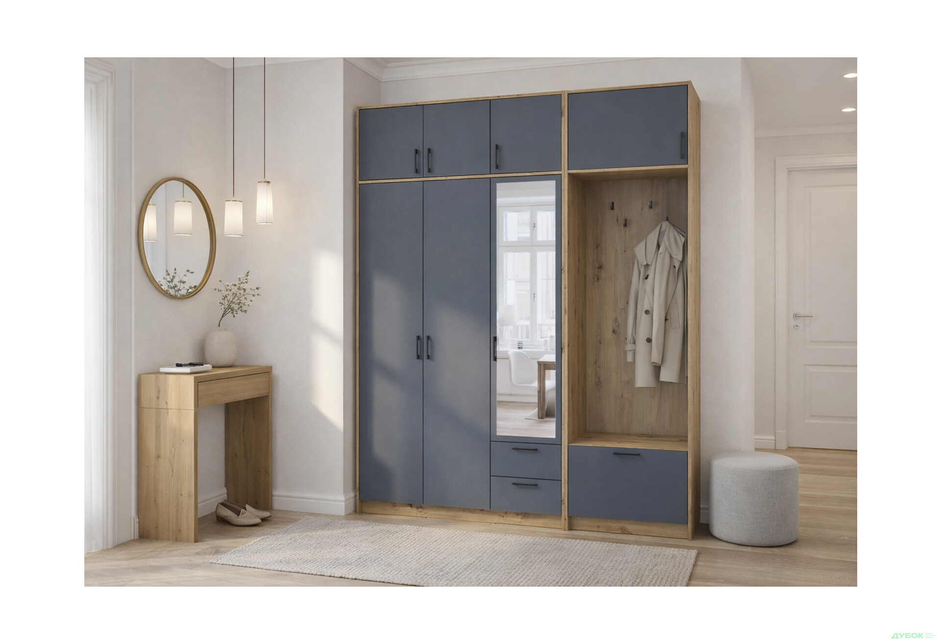 Изображение 2 - Шкаф для одежды 3 ДСП Doros Ронди с вешалкой, зеркалом и антресолью 181 см Дуб Артизан / Графит