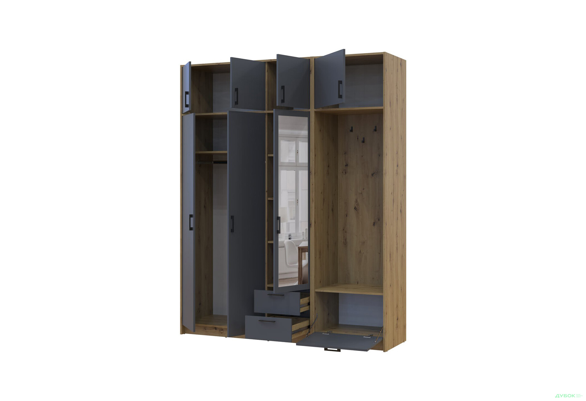 Изображение 3 - Шкаф для одежды 3 ДСП Doros Ронди с вешалкой, зеркалом и антресолью 181 см Дуб Артизан / Графит