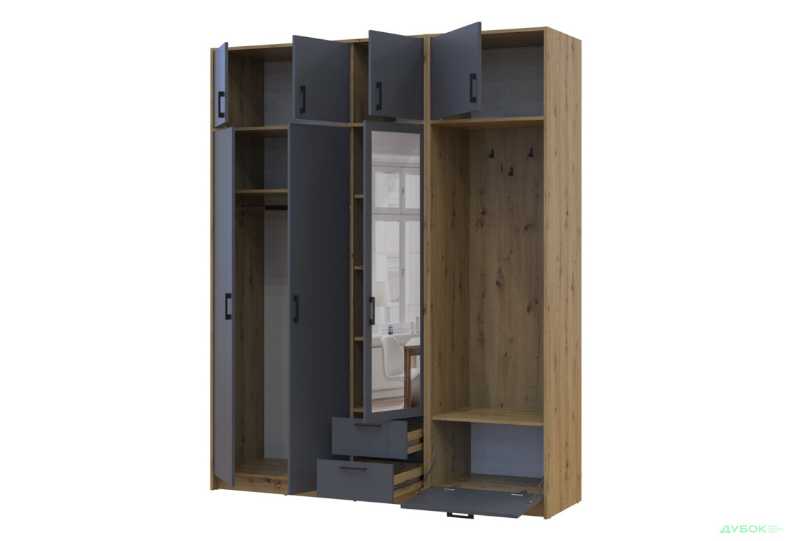 Изображение 3 - Шкаф для одежды 3 ДСП Doros Ронди с вешалкой, зеркалом и антресолью 181 см Дуб Артизан / Графит