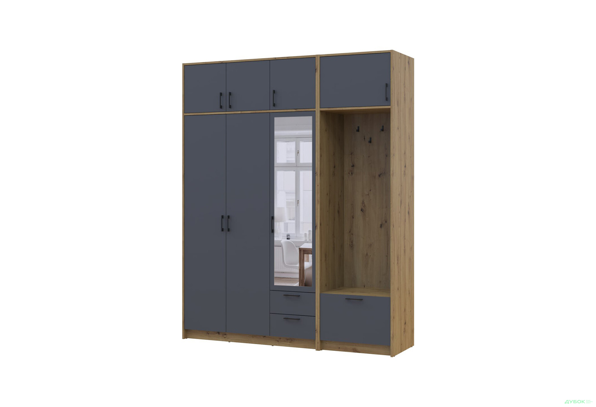 Изображение 1 - Шкаф для одежды 3 ДСП Doros Ронди с вешалкой, зеркалом и антресолью 181 см Дуб Артизан / Графит