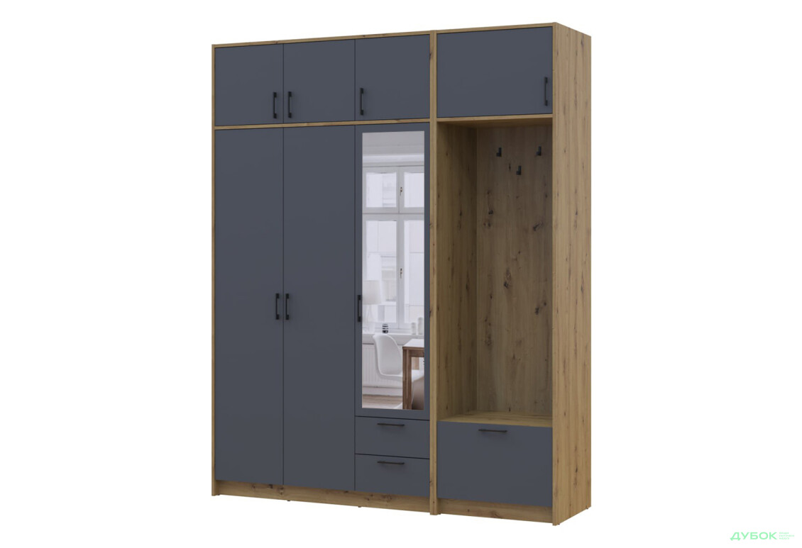 Шкаф для одежды 3 ДСП Doros Ронди с вешалкой, зеркалом и антресолью 181 см Дуб Артизан / Графит