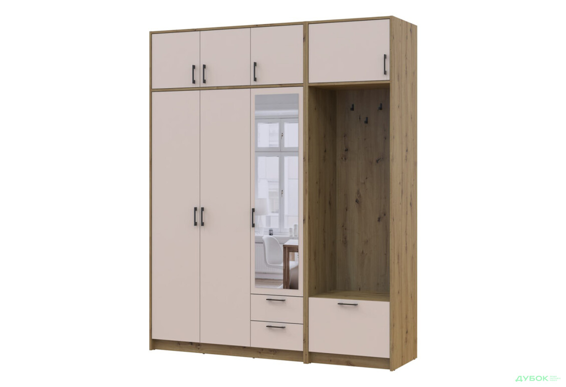 Шкаф для одежды 3 ДСП Doros Ронди с вешалкой, зеркалом и антресолью 181 см Дуб Артизан / Кашемир