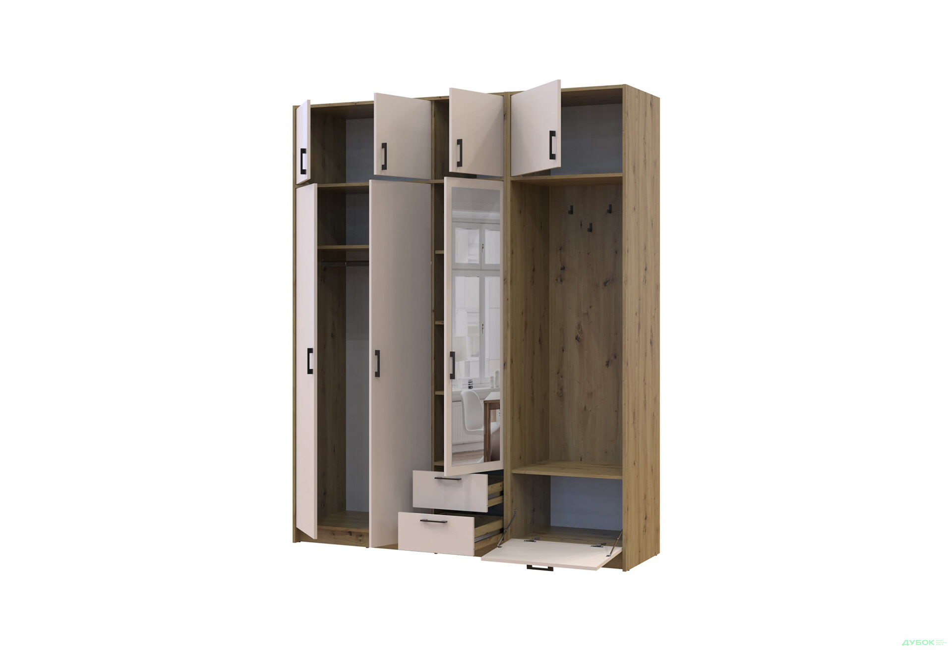 Изображение 3 - Шкаф для одежды 3 ДСП Doros Ронди с вешалкой, зеркалом и антресолью 181 см Дуб Артизан / Кашемир