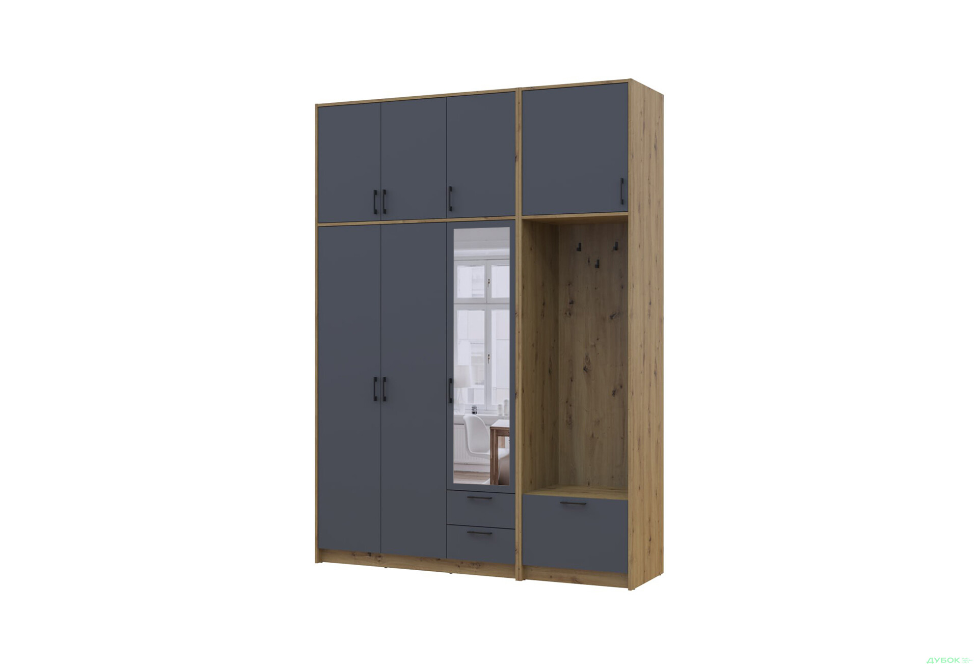 Изображение 1 - Шкаф для одежды 3 ДСП Doros Ронди с вешалкой, зеркалом и высокой антресолью 181 см Дуб Артизан / Графит