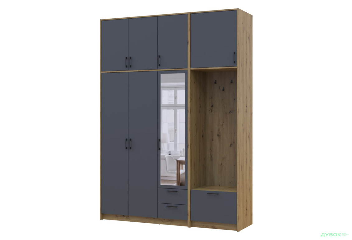 Шкаф для одежды 3 ДСП Doros Ронди с вешалкой, зеркалом и высокой антресолью 181 см Дуб Артизан / Графит