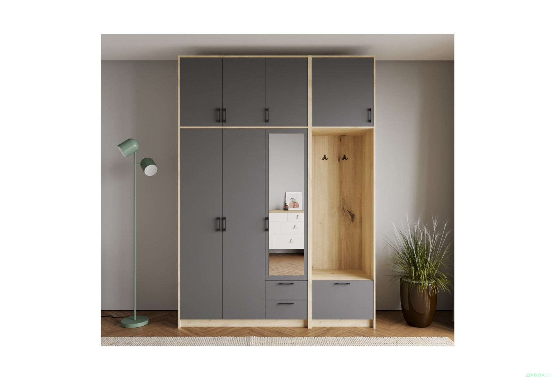 Изображение 2 - Шкаф для одежды 3 ДСП Doros Ронди с вешалкой, зеркалом и высокой антресолью 181 см Дуб Артизан / Графит