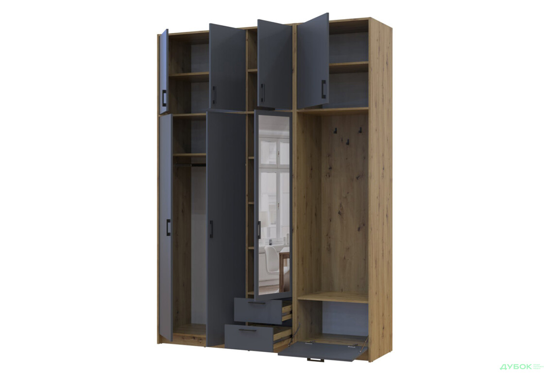 Изображение 3 - Шкаф для одежды 3 ДСП Doros Ронди с вешалкой, зеркалом и высокой антресолью 181 см Дуб Артизан / Графит