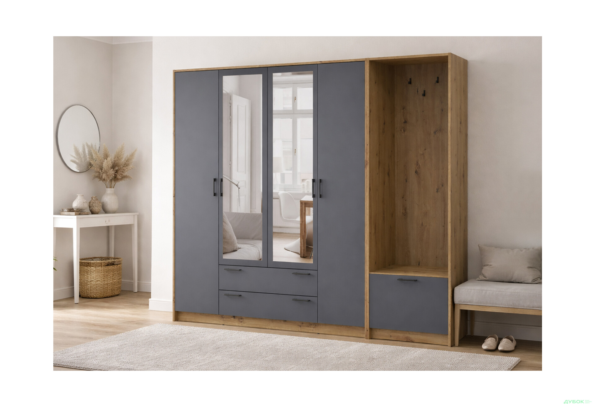 Изображение 2 - Шкаф для одежды 4 ДСП Doros Ронди с вешалкой и зеркалом 220 см Дуб Артизан / Графит