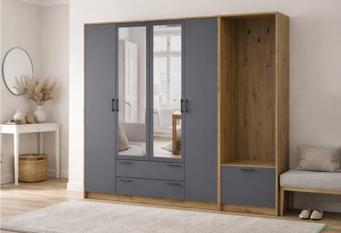 Изображение 2 - Шкаф для одежды 4 ДСП Doros Ронди с вешалкой и зеркалом 220 см Дуб Артизан / Графит