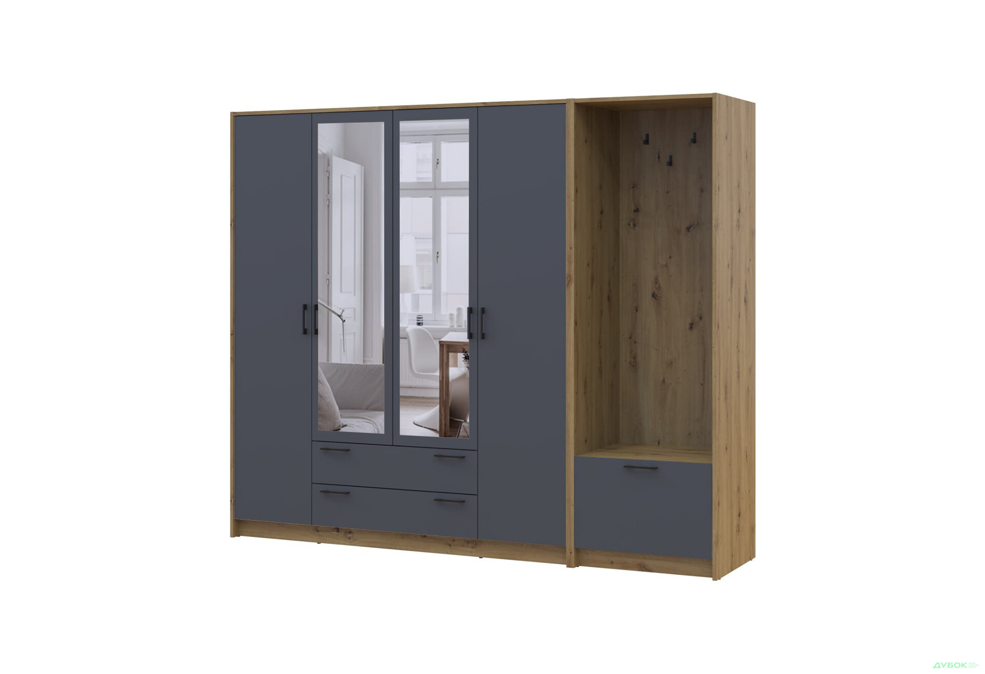 Изображение 1 - Шкаф для одежды 4 ДСП Doros Ронди с вешалкой и зеркалом 220 см Дуб Артизан / Графит
