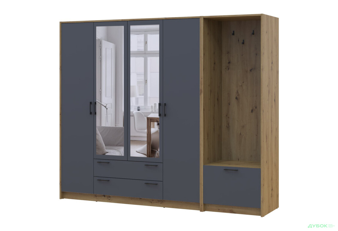 Шкаф для одежды 4 ДСП Doros Ронди с вешалкой и зеркалом 220 см Дуб Артизан / Графит