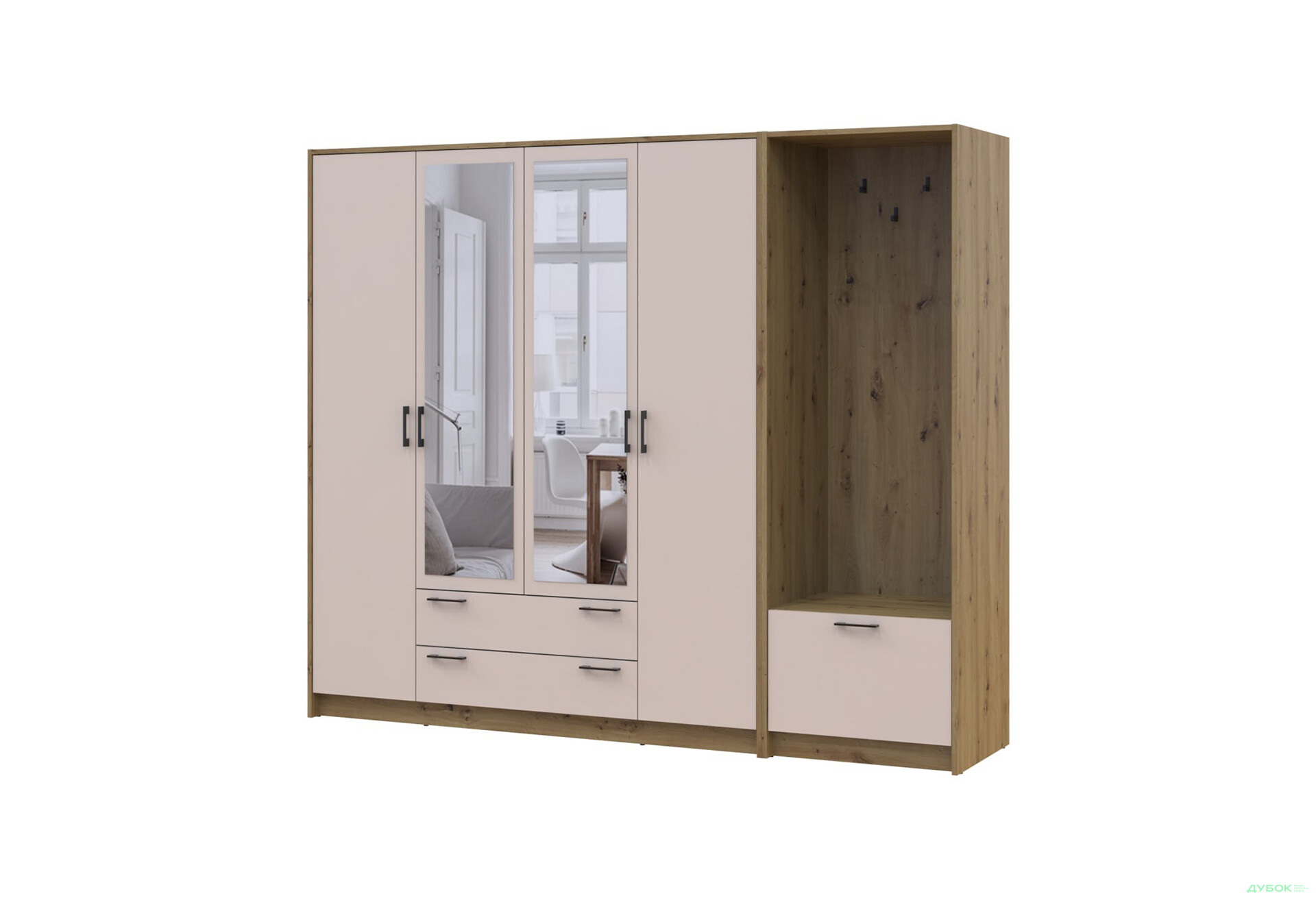 Зображення 1 - Шафа для одягу 4 ДСП Doros Ронді з вішалкою та дзеркалом 220 см Дуб Артізан / Кашемір
