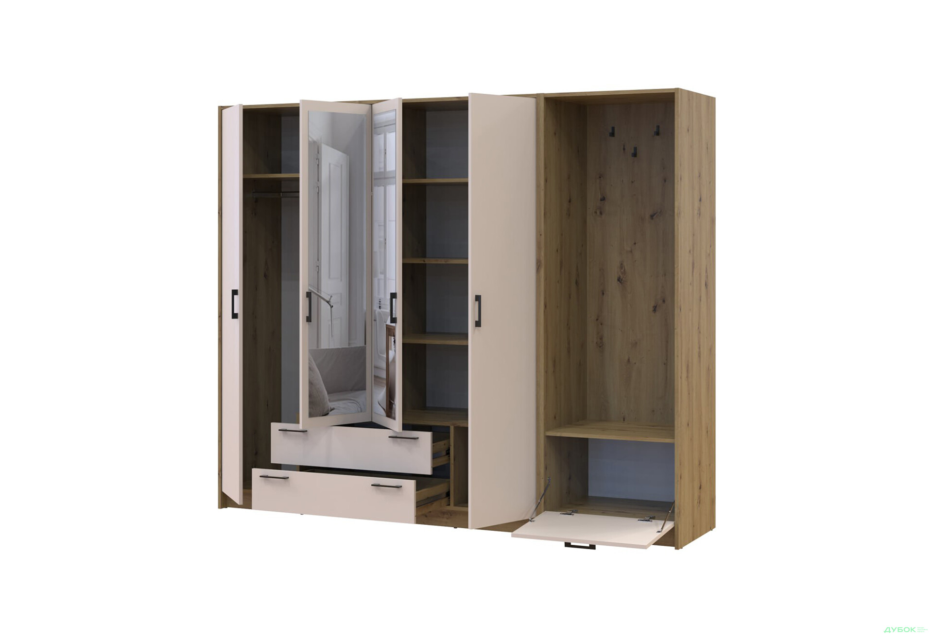 Зображення 3 - Шафа для одягу 4 ДСП Doros Ронді з вішалкою та дзеркалом 220 см Дуб Артізан / Кашемір