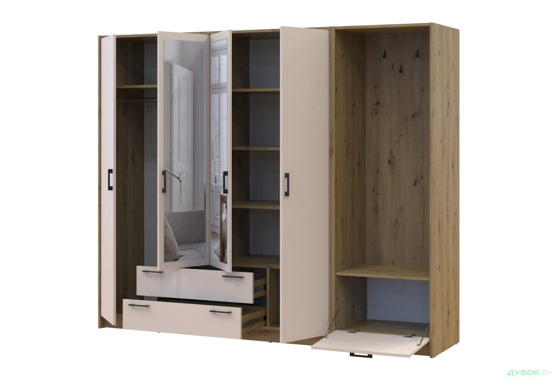 Зображення 3 - Шафа для одягу 4 ДСП Doros Ронді з вішалкою та дзеркалом 220 см Дуб Артізан / Кашемір