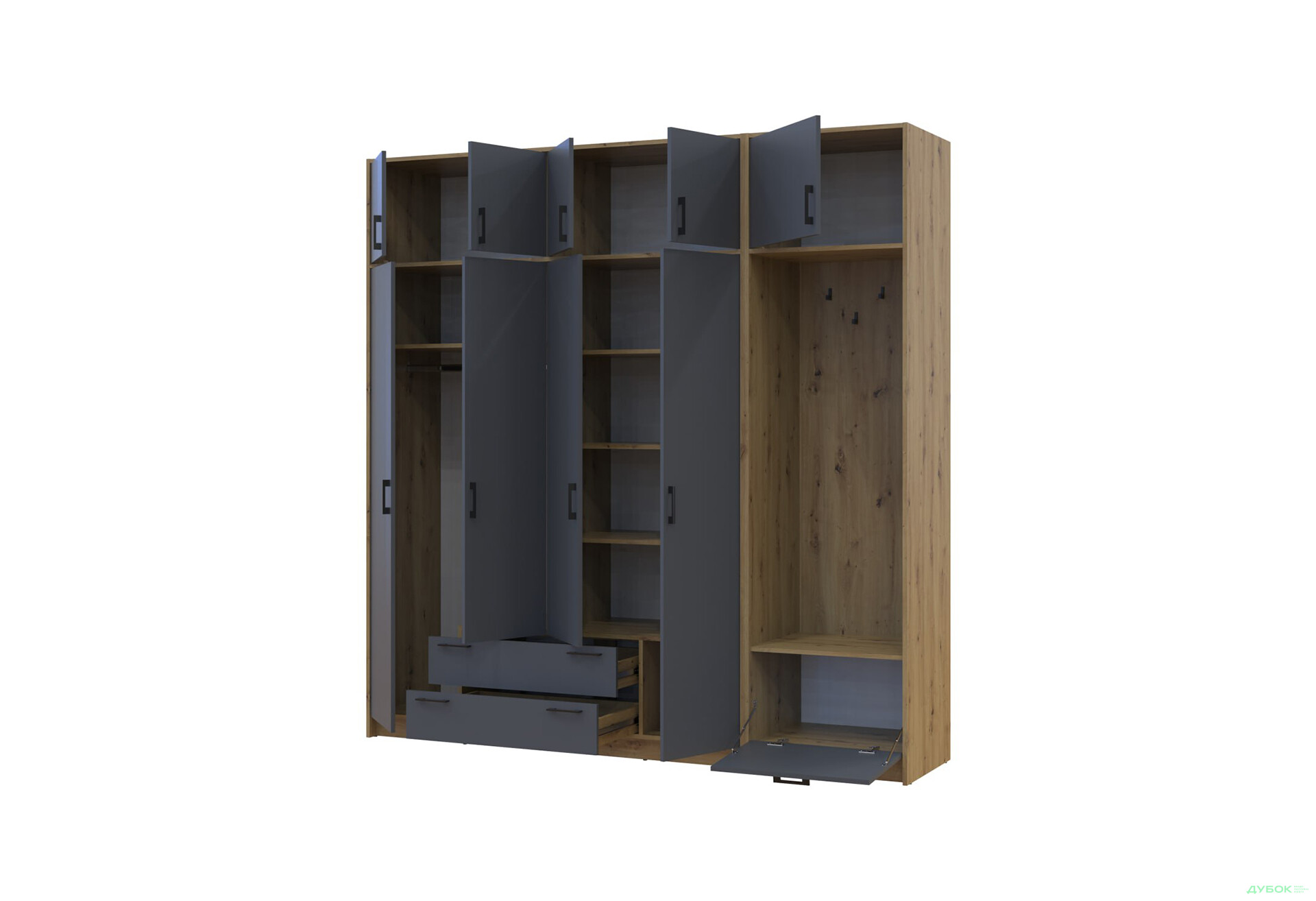 Зображення 3 - Шафа для одягу 4 ДСП Doros Ронді з вішалкою та антресолею 220 см Дуб Артізан / Графіт
