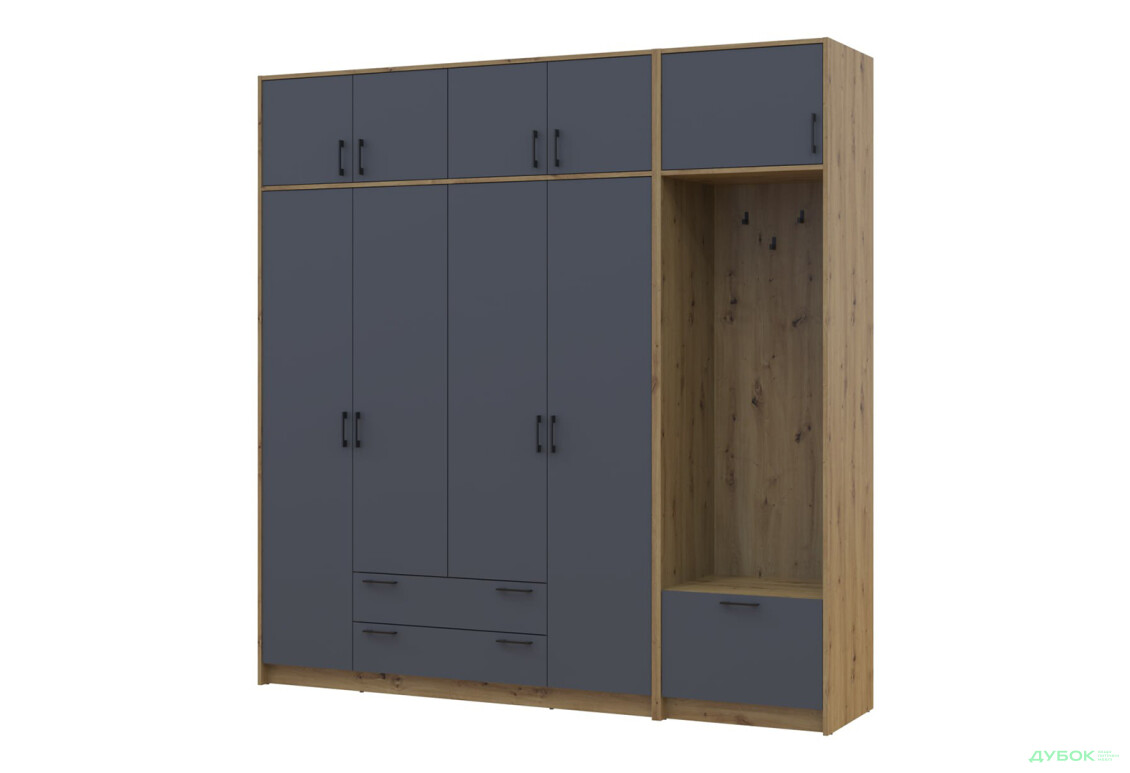 Шафа для одягу 4 ДСП Doros Ронді з вішалкою та антресолею 220 см Дуб Артізан / Графіт