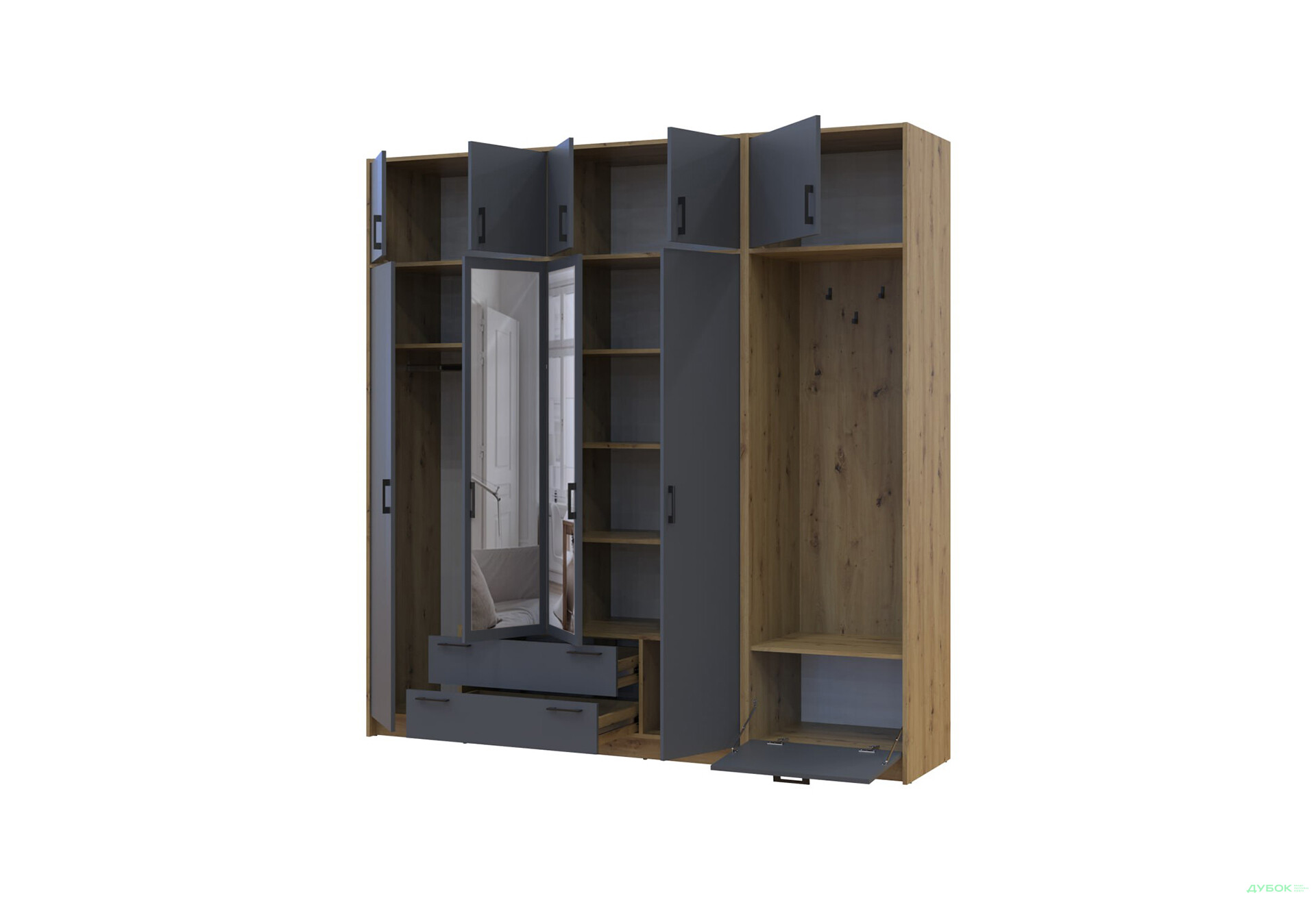 Зображення 3 - Шафа для одягу 4 ДСП Doros Ронді з вішалкою, дзеркалом та антресолею 220 см Дуб Артізан / Графіт