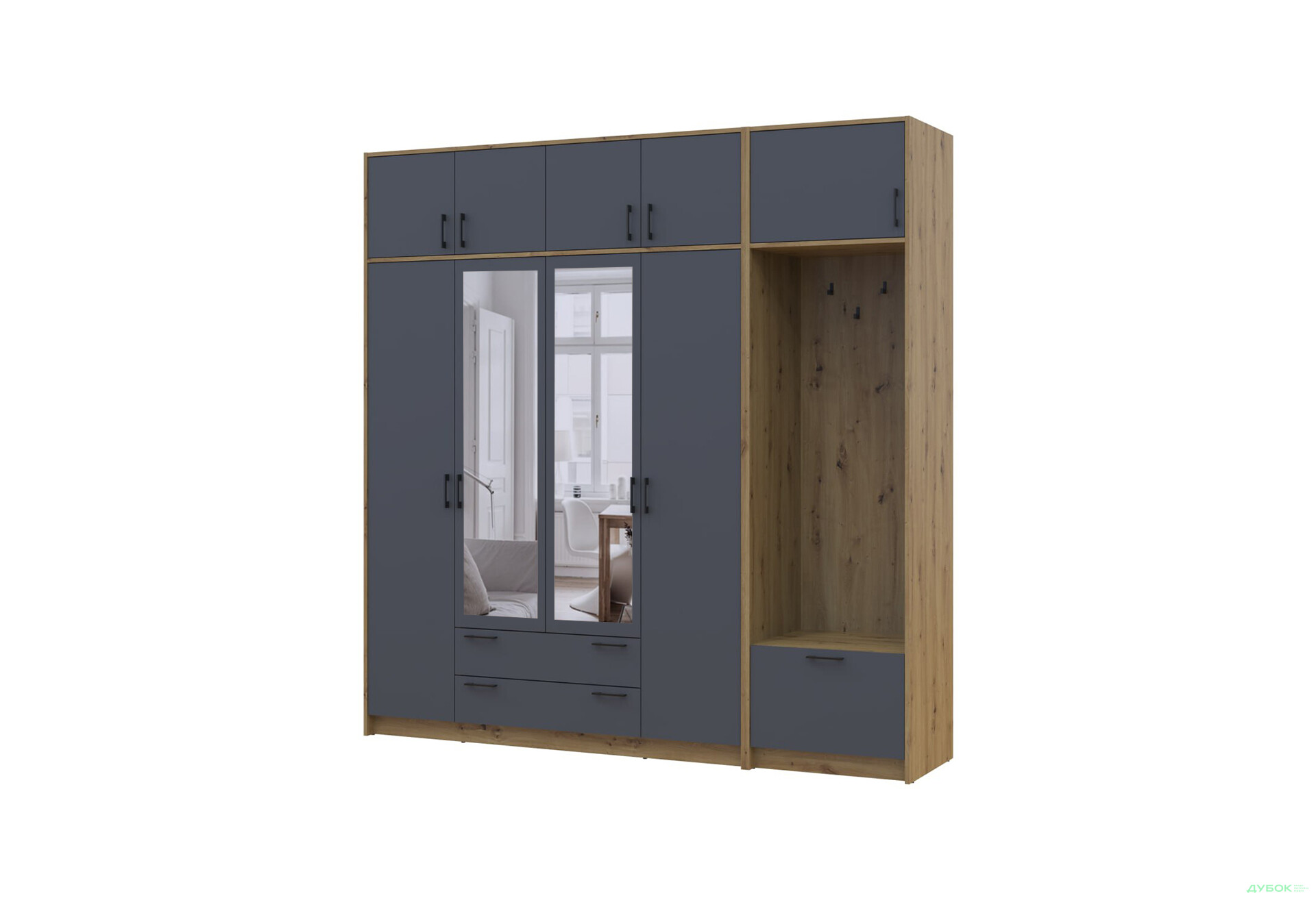 Зображення 1 - Шафа для одягу 4 ДСП Doros Ронді з вішалкою, дзеркалом та антресолею 220 см Дуб Артізан / Графіт