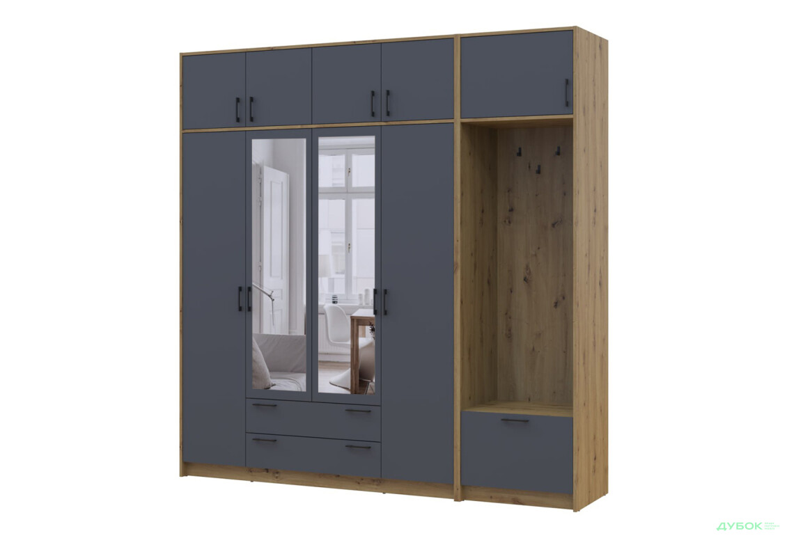 Шафа для одягу 4 ДСП Doros Ронді з вішалкою, дзеркалом та антресолею 220 см Дуб Артізан / Графіт