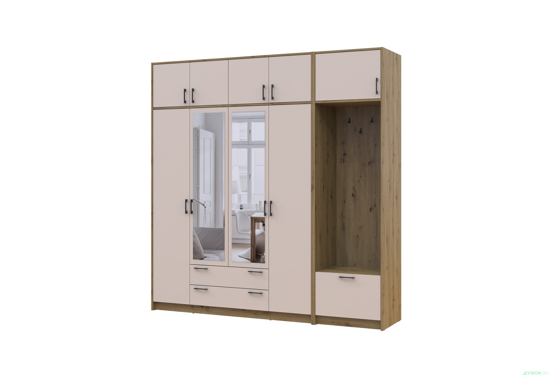 Зображення 1 - Шафа для одягу 4 ДСП Doros Ронді з вішалкою, дзеркалом та антресолею 220 см Дуб Артізан / Кашемір
