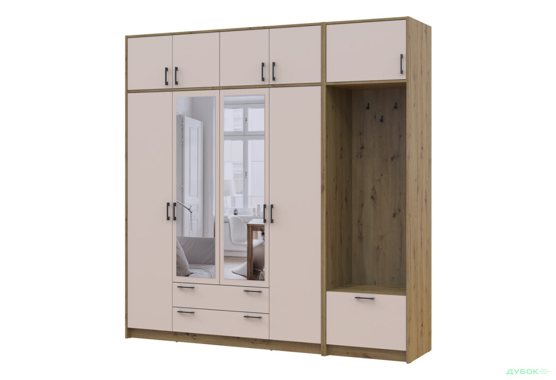 Шафа для одягу 4 ДСП Doros Ронді з вішалкою, дзеркалом та антресолею 220 см Дуб Артізан / Кашемір