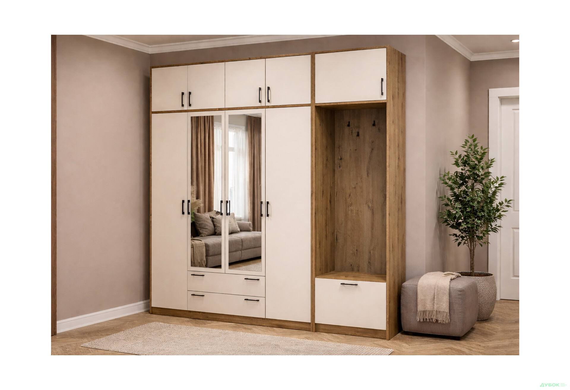 Зображення 2 - Шафа для одягу 4 ДСП Doros Ронді з вішалкою, дзеркалом та антресолею 220 см Дуб Артізан / Кашемір