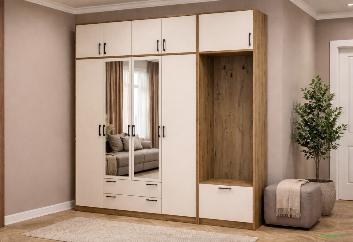 Зображення 2 - Шафа для одягу 4 ДСП Doros Ронді з вішалкою, дзеркалом та антресолею 220 см Дуб Артізан / Кашемір