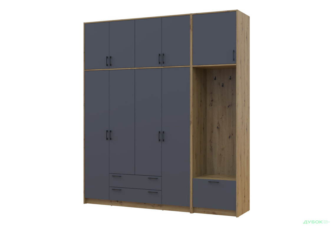 Шафа для одягу 4 ДСП Doros Ронді з вішалкою та високою антресолею 220 см Дуб Артізан / Графіт