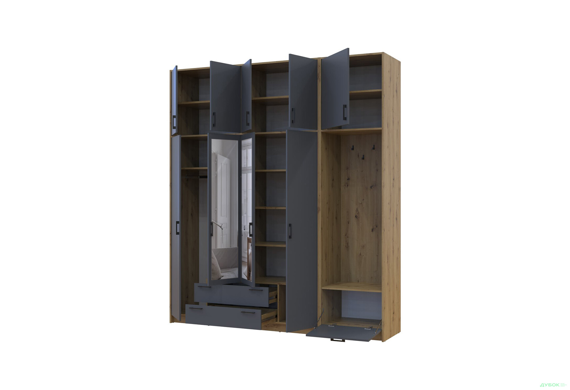 Изображение 3 - Шкаф для одежды 4 ДСП Doros Ронди с вешалкой, зеркалом и высокой антресолью 220 см Дуб Артизан / Графит