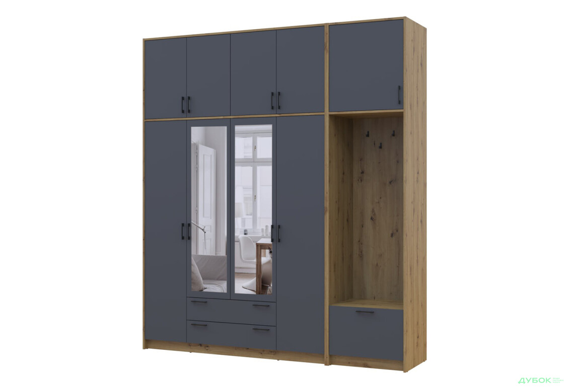 Шкаф для одежды 4 ДСП Doros Ронди с вешалкой, зеркалом и высокой антресолью 220 см Дуб Артизан / Графит