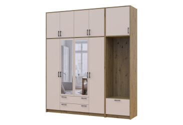 Шкаф для одежды 4 ДСП Doros Ронди с вешалкой, зеркалом и высокой антресолью 220 см Дуб Артизан / Кашемир