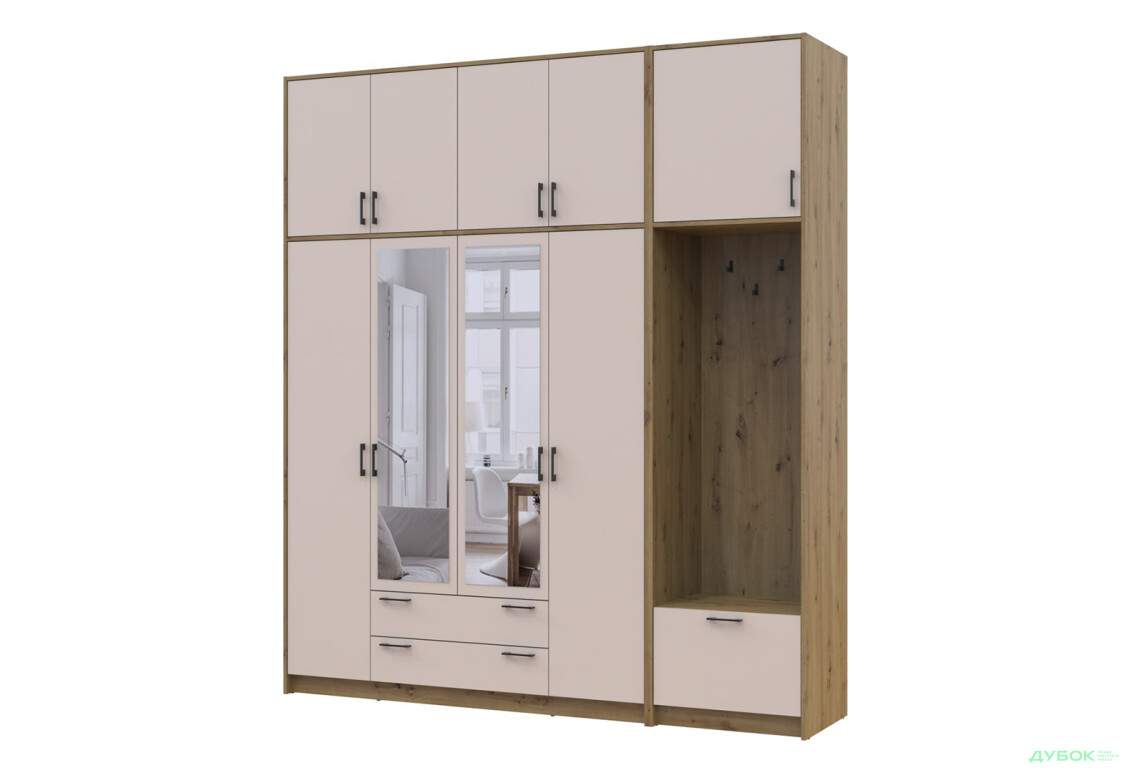 Шкаф для одежды 4 ДСП Doros Ронди с вешалкой, зеркалом и высокой антресолью 220 см Дуб Артизан / Кашемир