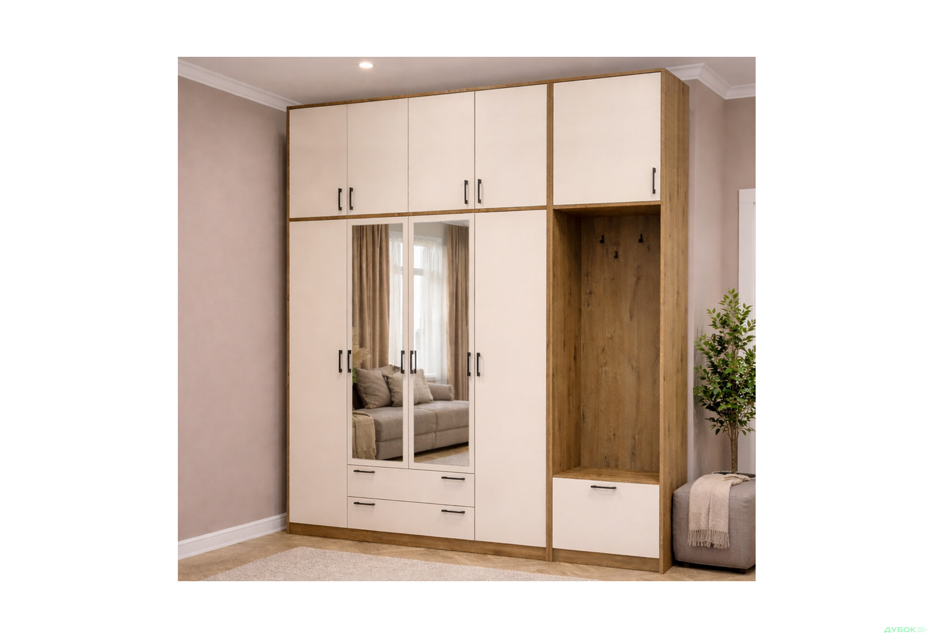 Изображение 2 - Шкаф для одежды 4 ДСП Doros Ронди с вешалкой, зеркалом и высокой антресолью 220 см Дуб Артизан / Кашемир