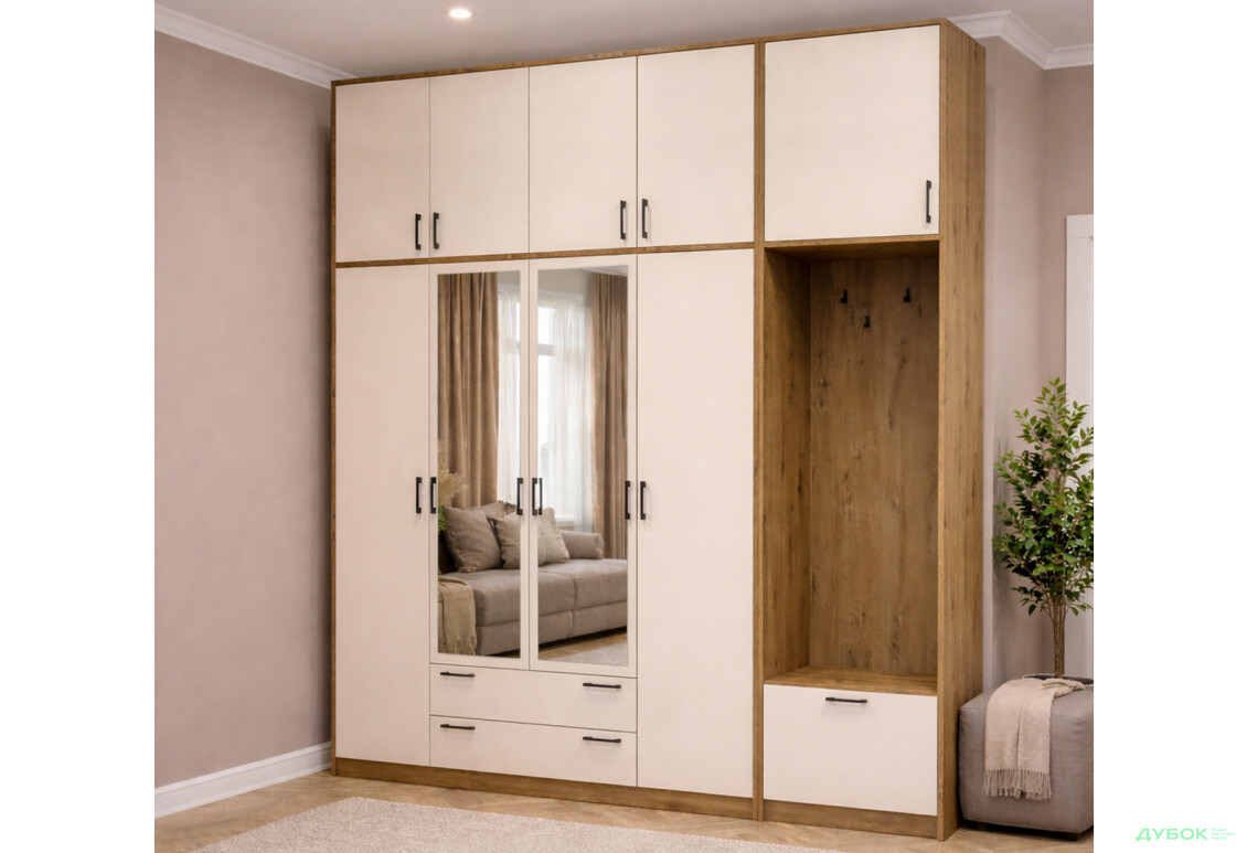 Изображение 2 - Шкаф для одежды 4 ДСП Doros Ронди с вешалкой, зеркалом и высокой антресолью 220 см Дуб Артизан / Кашемир