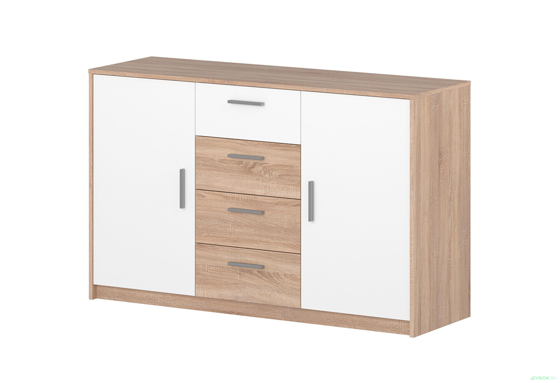 Комод VMV holding Ріко 2-дверний з 4 шухлядами 145 см Дуб сонома/Білий - Зображення 1 Зображення 1 - Комод VMV holding Ріко 2-дверний з 4 шухлядами 145 см Дуб сонома/Білий