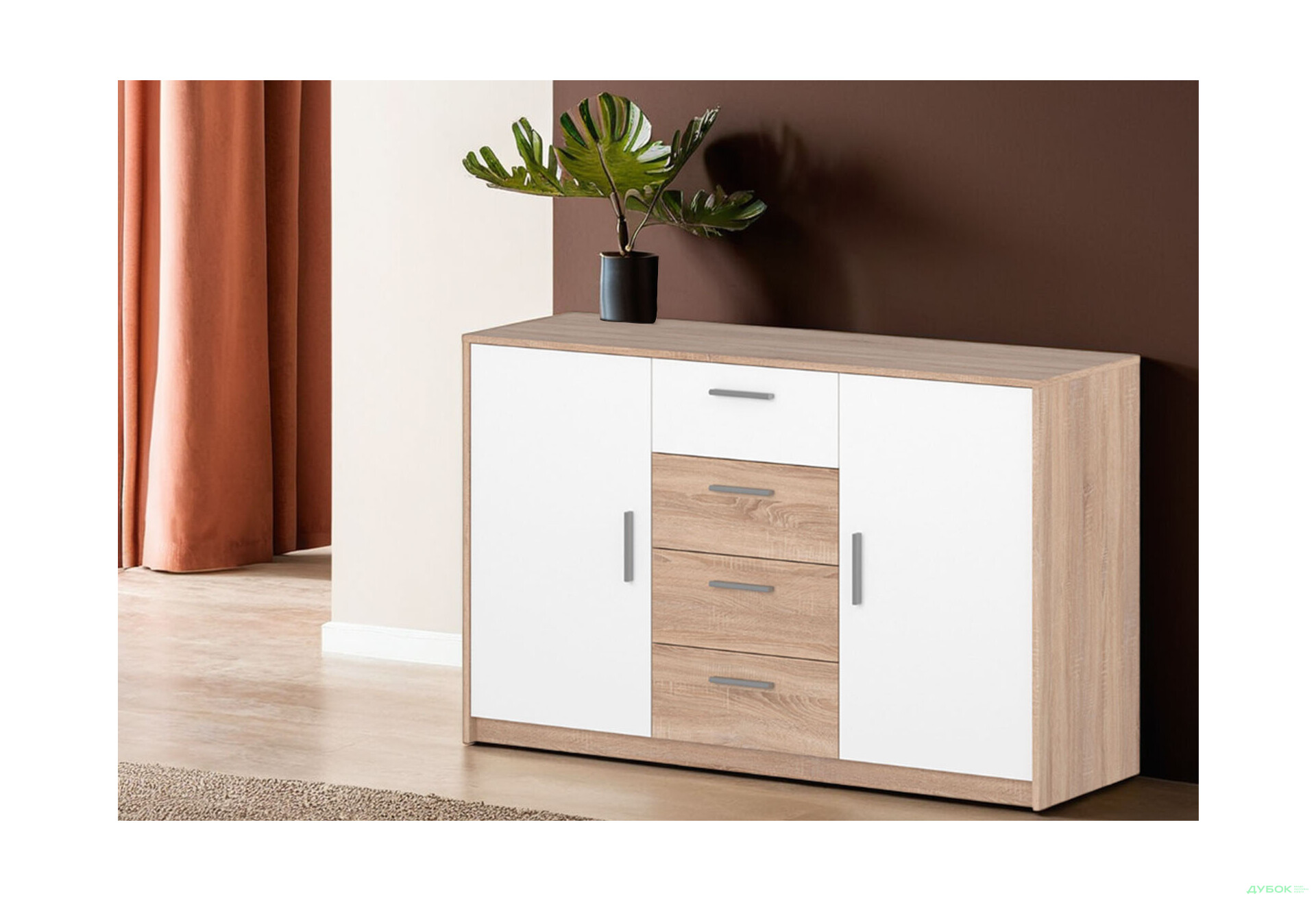 Комод VMV holding Ріко 2-дверний з 4 шухлядами 145 см Дуб сонома/Білий - Зображення 2 Зображення 2 - Комод VMV holding Ріко 2-дверний з 4 шухлядами 145 см Дуб сонома/Білий