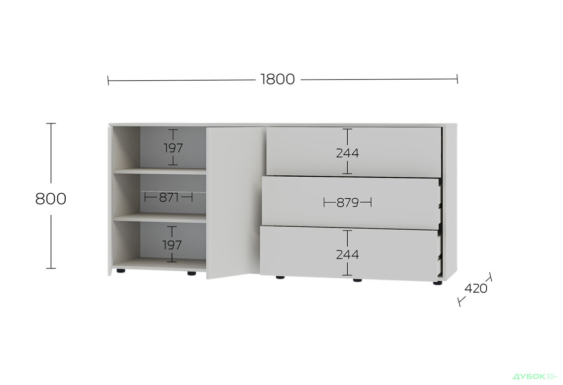 Изображение 6 - Комод 180 2D_3Dr (80х180х42) с 3 ящиками и дверцей 180 см, кашемир.