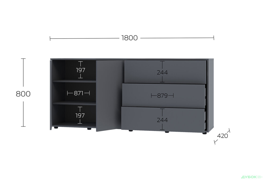 Изображение 6 - Комод 180 2D_3Dr (80х180х42) с 3 ящиками и дверцей 180 см, графит