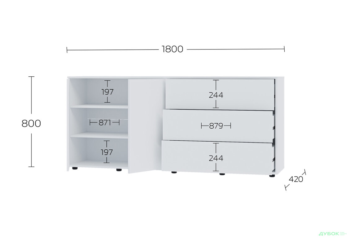 Изображение 6 - Комод 180 2D_3Dr (80х180х42) с 3 ящиками и дверцей 180 см, нимфея альба