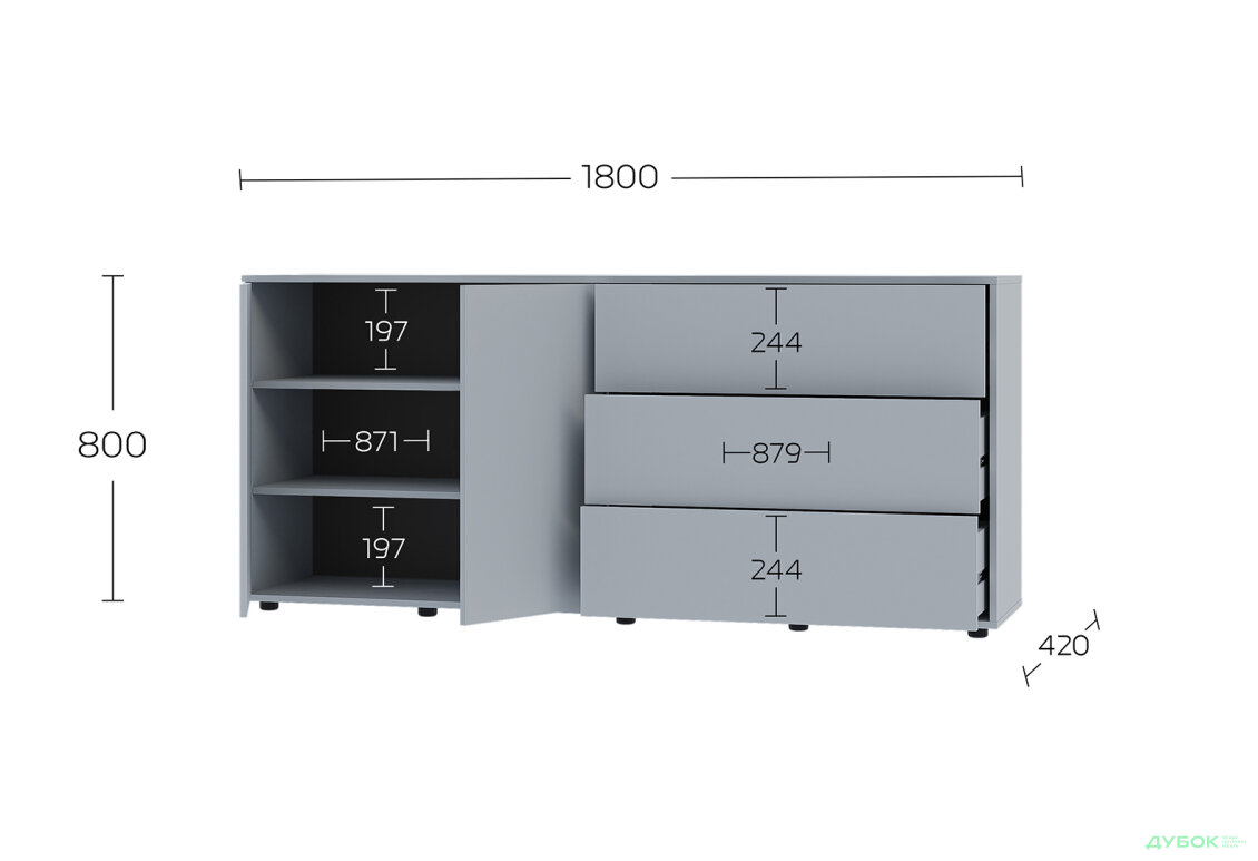 Изображение 5 - Комод 180 2D_3Dr (80х180х42) с 3 ящиками и дверцей 180 см, серая мышь