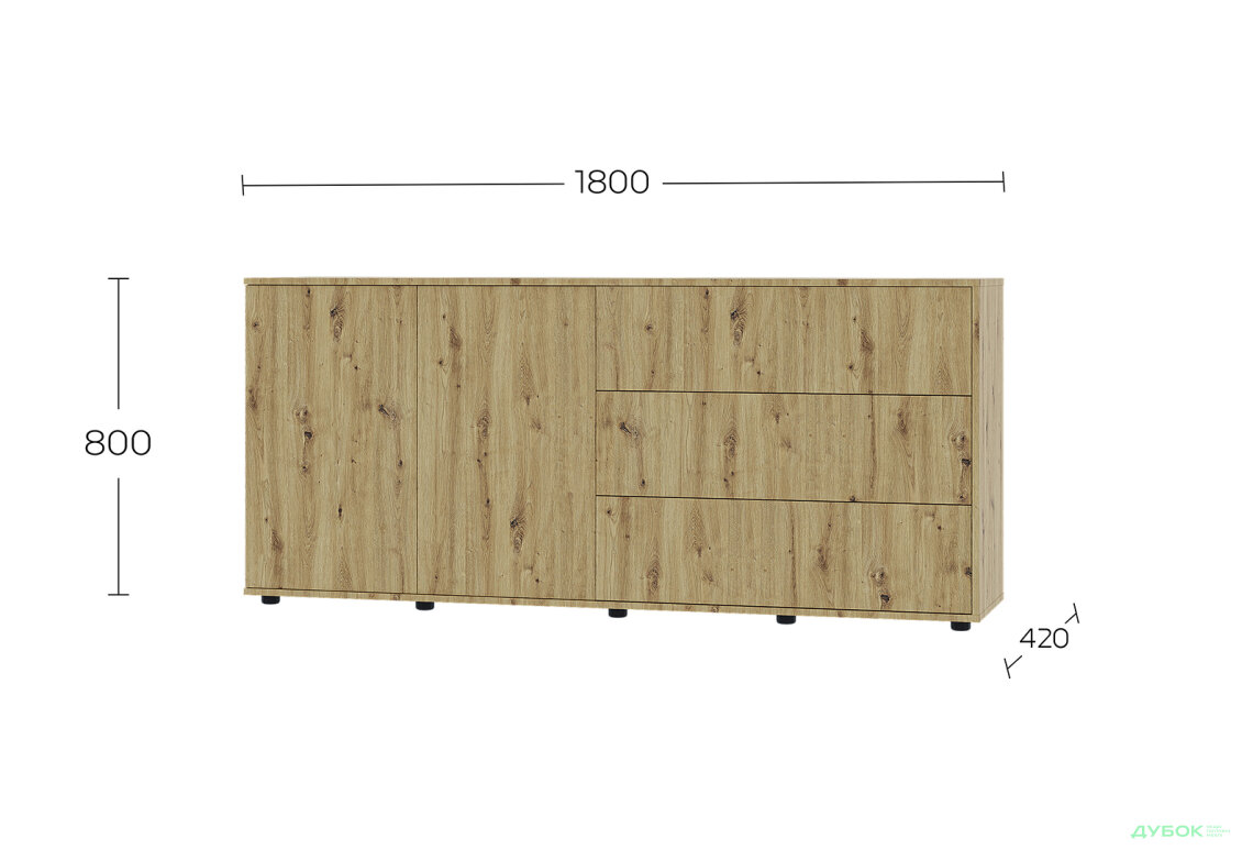 Зображення 5 - Комод 180 2D_3Dr (80х180х42) з 3 шухлядами і дверцятами 180 см, дуб артизан