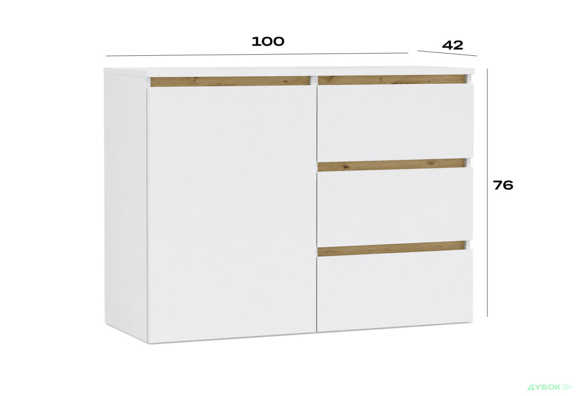 Зображення 3 - Комод NV Ідея К з 1 дверкою та 3 шухлядами 100 см, німфея альба / дуб артизан