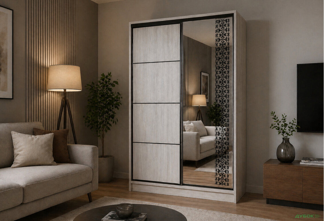 Зображення 2 - Шафа-купе Київський Стандарт 2Д 1500х2400х600 комбіновані ДСП + Дзеркало, білий структурний new