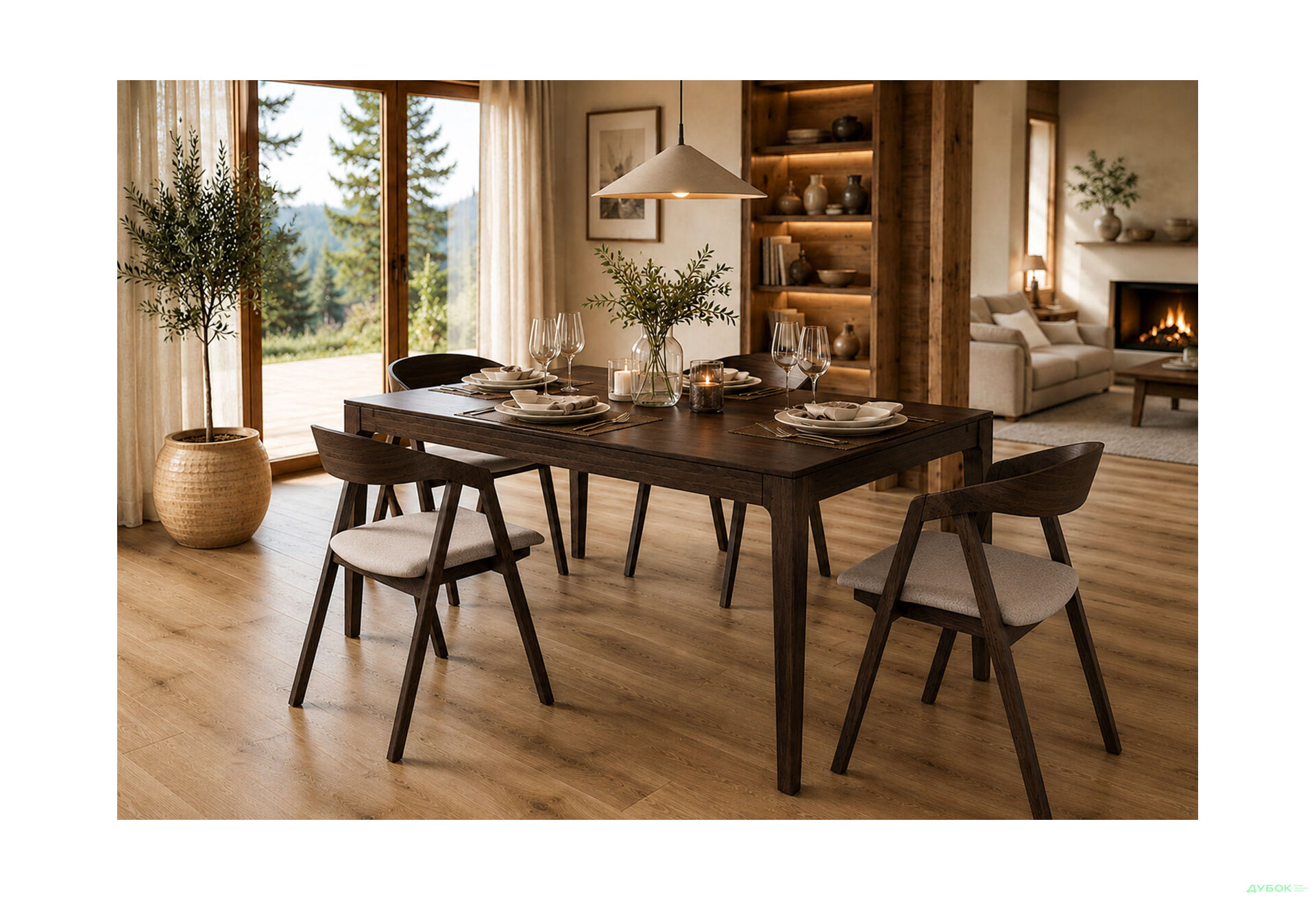 Зображення 2 - Стіл Деніс / Denis (каркас дуб) Stained oak 140x85+60х75 см + 4 стільця Гуру Tender Stained oak, тканина Diosa 19