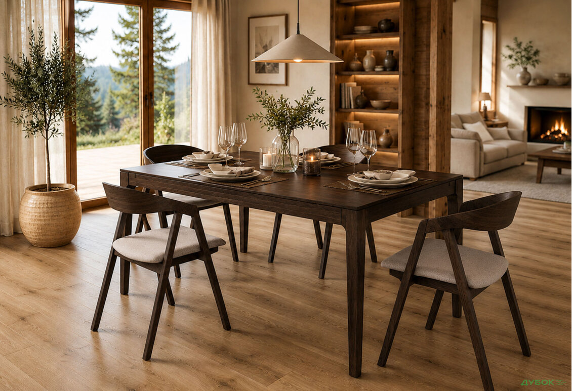 Зображення 2 - Стіл Деніс / Denis (каркас дуб) Stained oak 140x85+60х75 см + 4 стільця Гуру Tender Stained oak, тканина Diosa 19