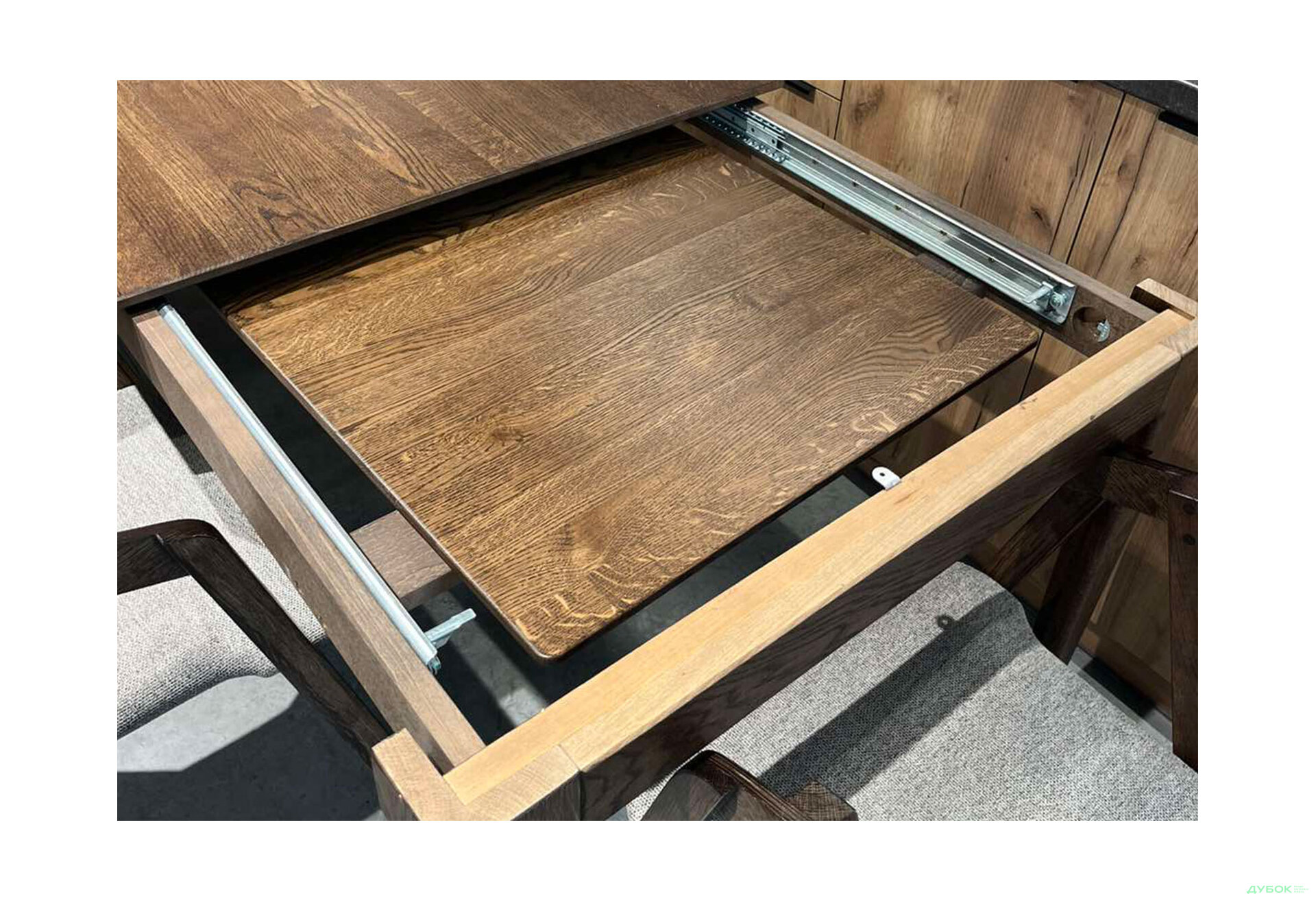 Зображення 8 - Стіл Деніс / Denis (каркас дуб) Stained oak 140x85+60х75 см + 4 стільця Гуру Tender Stained oak, тканина Diosa 19
