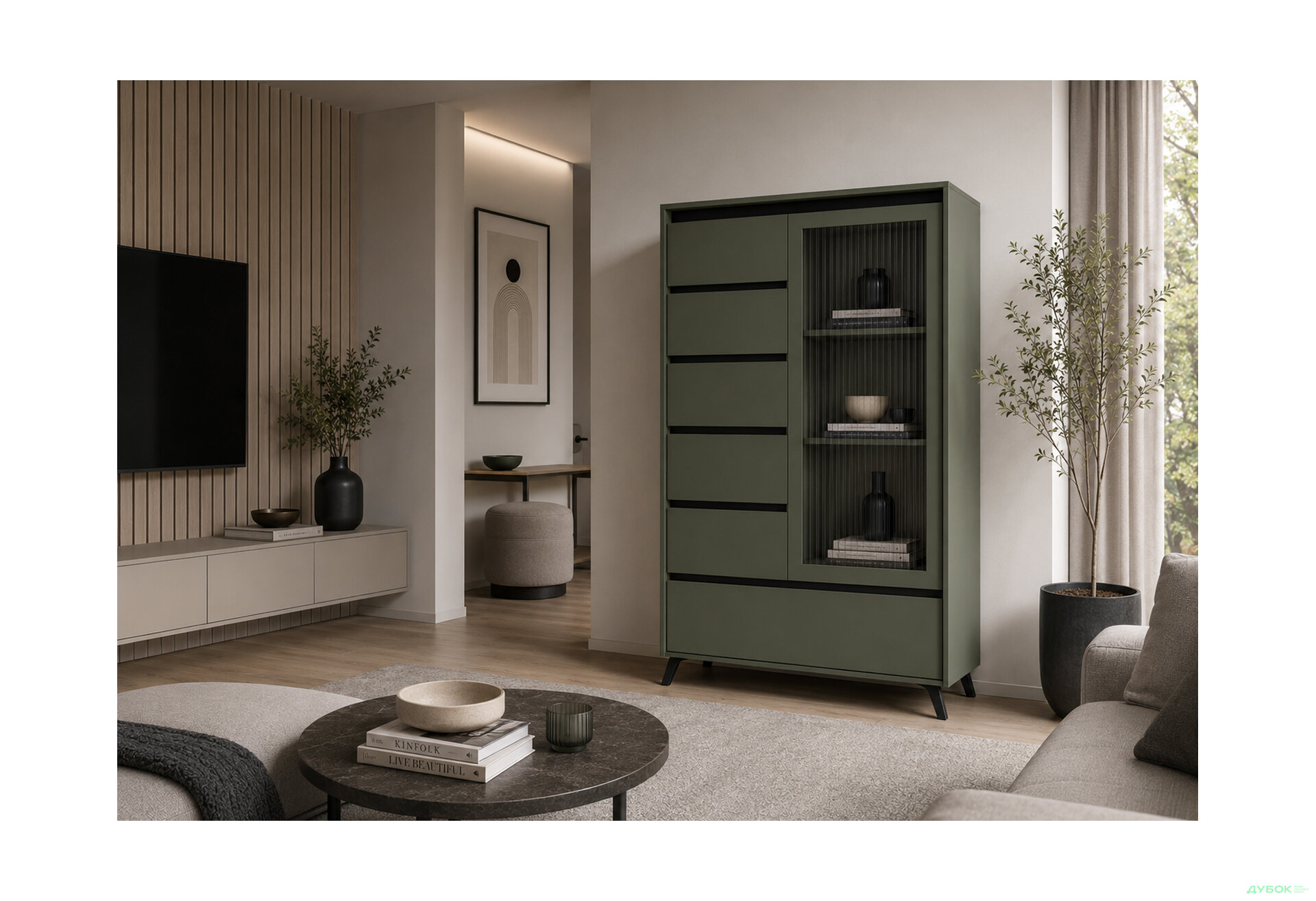 Зображення 2 - Вітрина Лаундж / Lounge REG1W5S1K 95,5 см, зелений димчастий / чорний