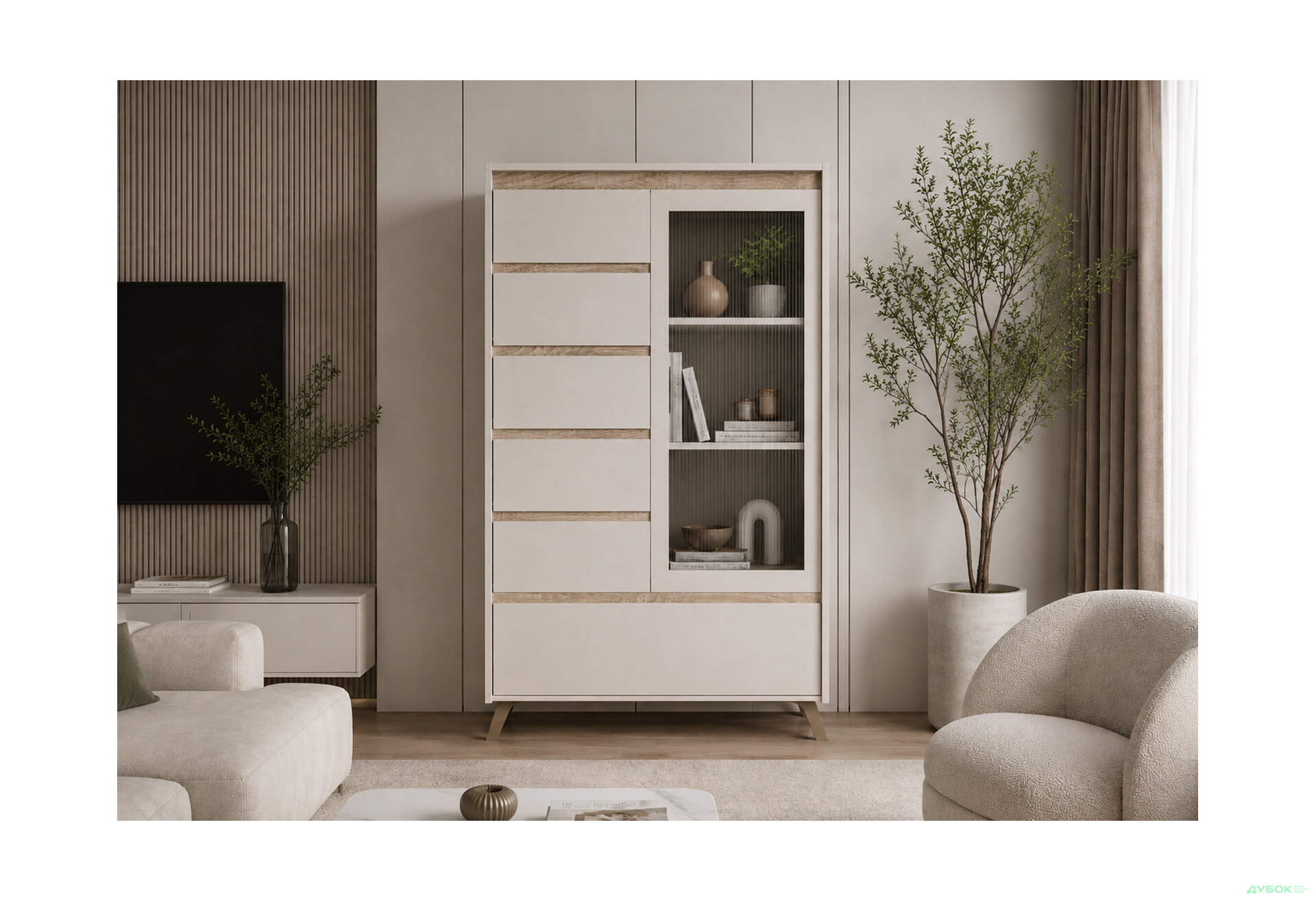 Зображення 2 - Вітрина Лаундж / Lounge REG1W5S1K 95,5 см, кашемір / дуб сонома