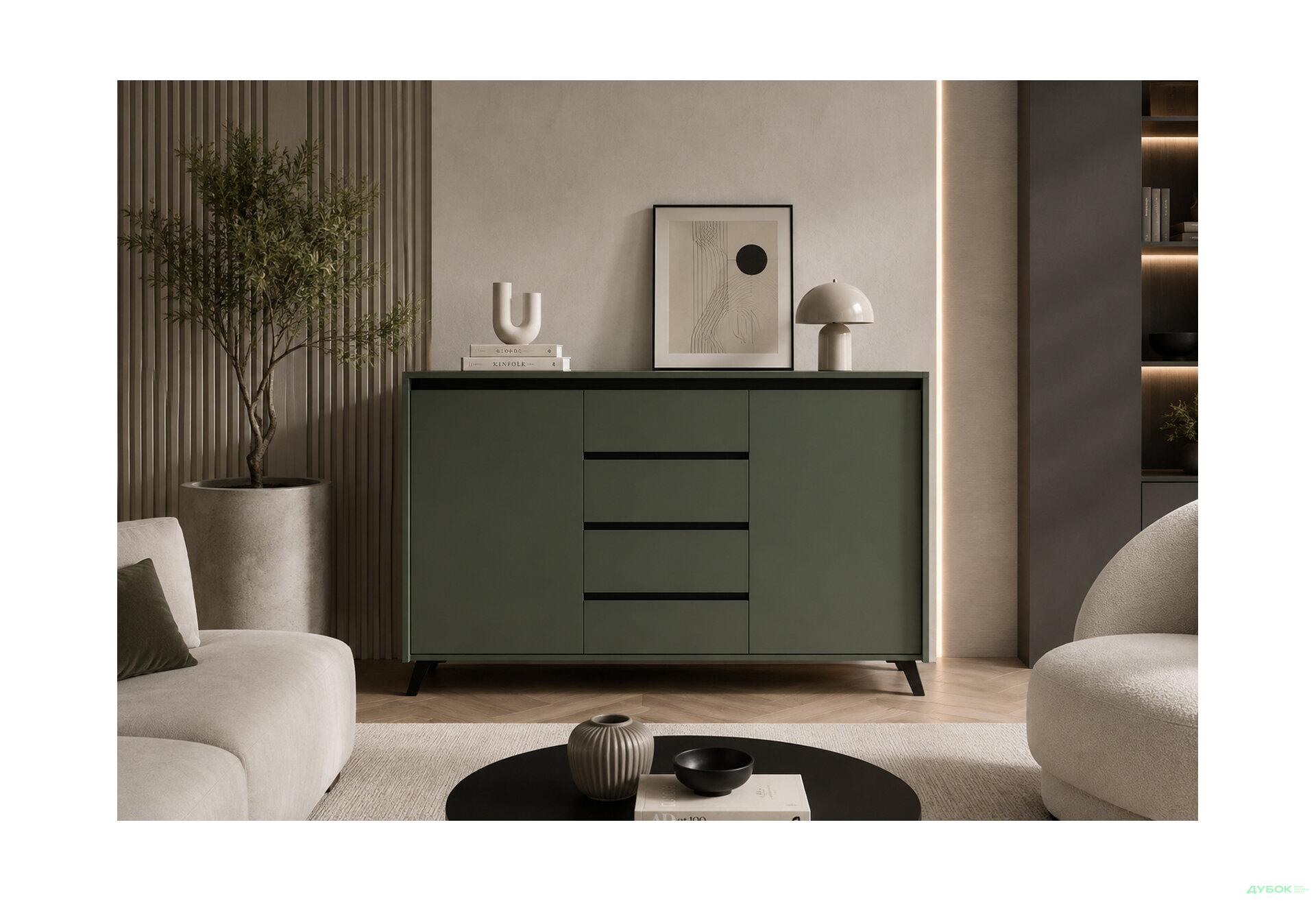 Зображення 2 - Комод Лаундж / Lounge KOM2D4S 155 см, зелений димчастий / чорний