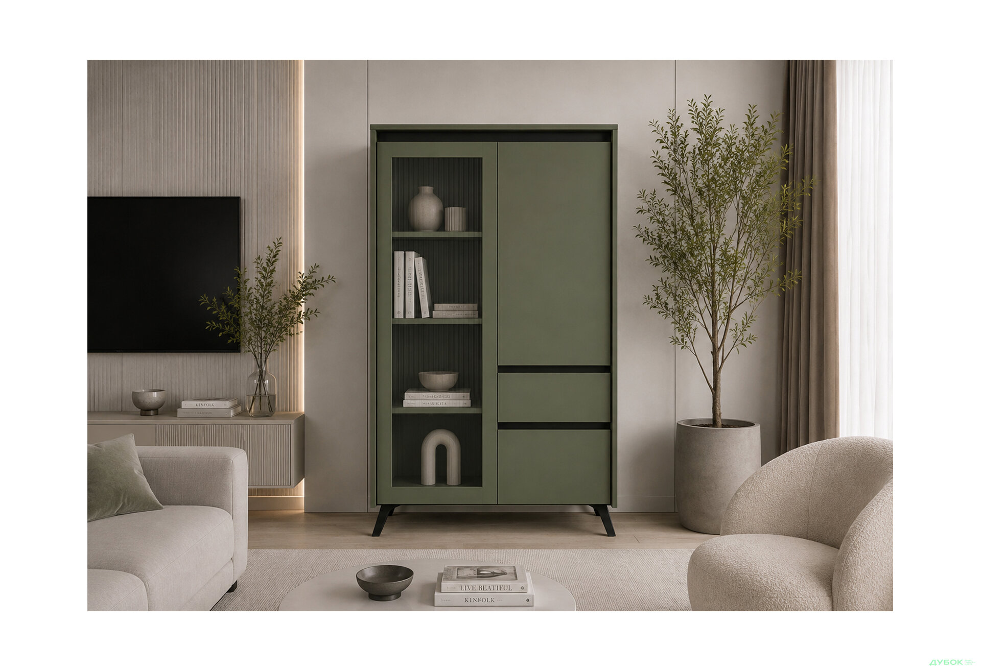 Зображення 2 - Вітрина Лаундж / Lounge REG1W1D1S1K 95 см, зелений димчастий / чорний